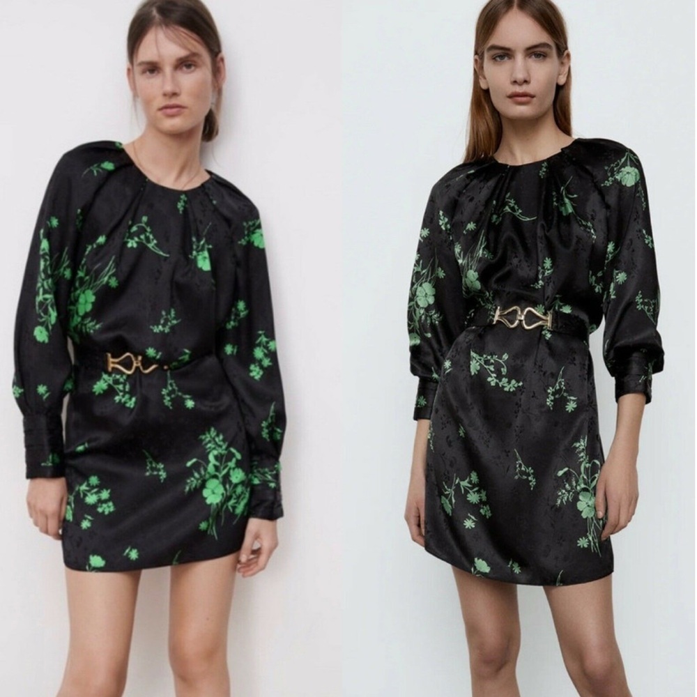 Zara Green Black Jacquard Floral Print Belted Mini Dress, Size S - Picture 13 of 16